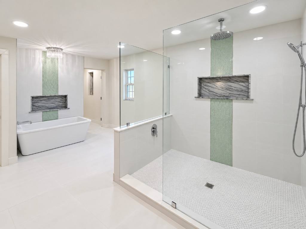 Master bathroom remodel with walk-in shower and freestanding tub